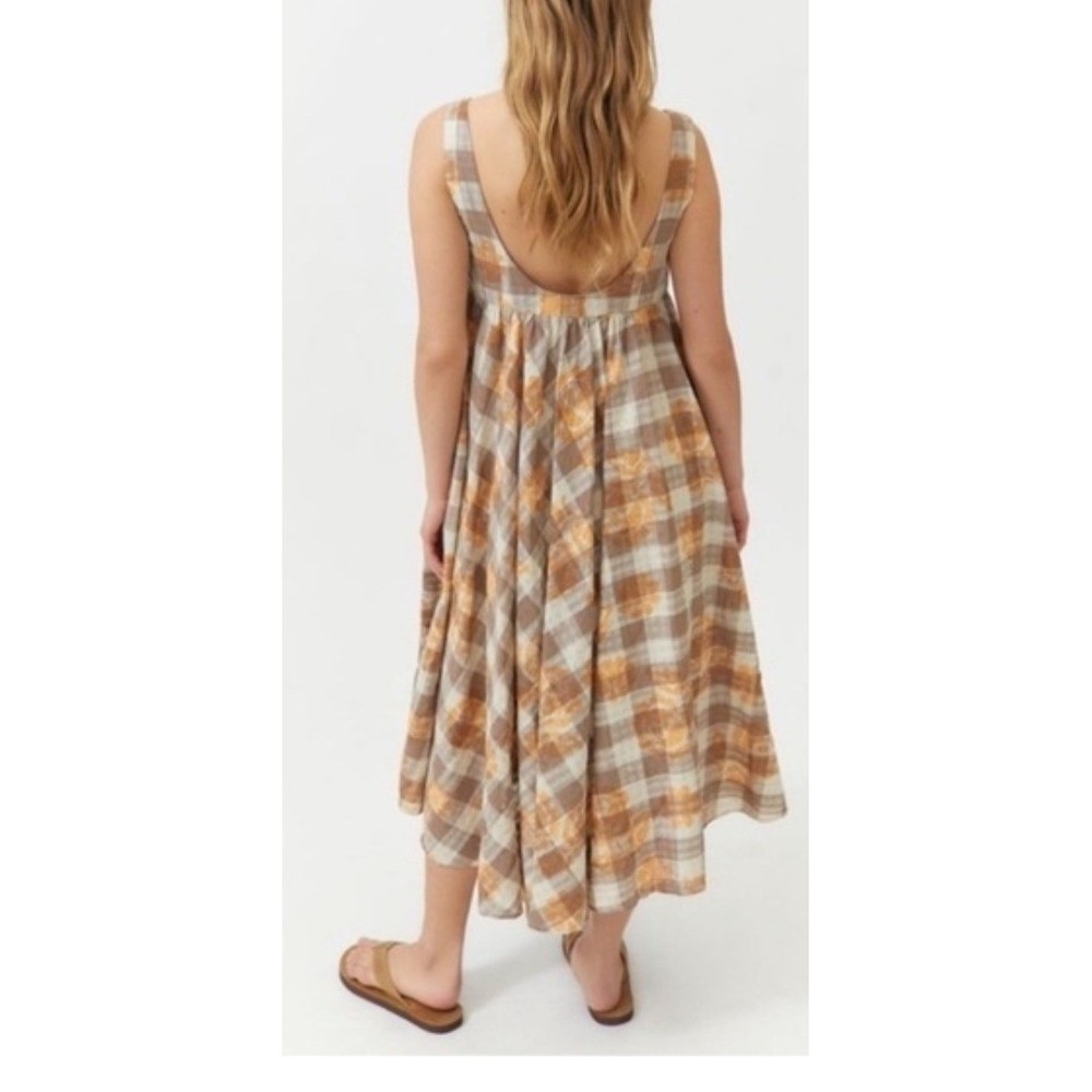 Urban Outfitters Bianca Embroidered Babydoll Midi Dress Brown Plaid Gingham M